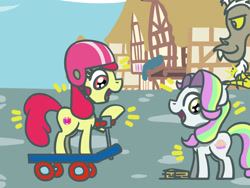 Size: 1800x1350 | Tagged: safe, artist:flutterluv, part of a set, apple bloom, coconut cream, discord, draconequus, earth pony, pony, g4, atg 2023, helmet, newbie artist training grounds, ponyville, scooter, smiling, trio