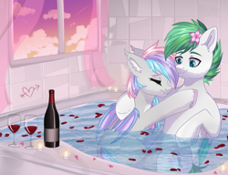 Size: 1433x1101 | Tagged: safe, artist:arllistar, oc, oc only, oc:dreamer skies, oc:dreamyway skies, bat pony, pegasus, pony, alcohol, bat pony oc, bat wings, bathroom, bathtub, bottle, brother and sister, candle, cloud, commission, commissioner:dhs, cuddling, curtains, duo, ear fluff, ear tufts, eyebrows, eyelashes, eyes closed, fangs, female, flower, flower in hair, glass, hair accessory, incest, male, mare, oc x oc, pegasus oc, petals, romantic, rose petals, shipping, sibling love, siblings, stallion, sunset, tiled background, water, window, wine, wine bottle, wine glass, wings, ych result