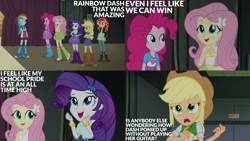 Size: 4400x2475 | Tagged: safe, edit, edited screencap, editor:quoterific, screencap, applejack, fluttershy, pinkie pie, rainbow dash, rarity, sunset shimmer, human, equestria girls, g4, my little pony equestria girls: friendship games, humane five