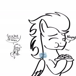 Size: 2048x2048 | Tagged: safe, artist:marakoru_luv, rainbow dash, soarin', pegasus, pony, g4, black and white, cookie, duo, eating, female, food, giggling, grayscale, hehe, high res, hungry, male, mare, monochrome, nope, preggo dash, pregnancy cravings, pregnant, ship:soarindash, shipping, simple background, stallion, straight, troll, white background