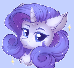 Size: 2020x1855 | Tagged: safe, artist:lilclim, rarity, pony, unicorn, g4, blue background, bust, chest fluff, colored, curly hair, cute, digital art, eyes open, female, fluffy mane, horn, mare, portrait, shading, simple background, solo, sparkles, starry eyes, stars, wingding eyes