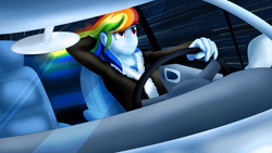 Size: 4000x2250 | Tagged: safe, artist:sixes&sevens, rainbow dash, human, fanfic:the sunset archives, equestria girls, g4, arm behind head, breasts, busty rainbow dash, car, clothes, driving, eye clipping through hair, fanfic art, female, high res, jacket, leaning back, leather, leather jacket, lips, reasonably sized breasts, smiling, smirk, solo, steering wheel, tomboy