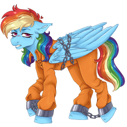 Size: 2000x2000 | Tagged: safe, artist:kazmuun, rainbow dash, pegasus, pony, g4, bound wings, chained, chains, clothes, commissioner:rainbowdash69, cuffed, cuffs, high res, never doubt rainbowdash69's involvement, prison outfit, prisoner, prisoner rd, shackles, simple background, solo, transparent background, wings