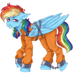 Size: 2000x2000 | Tagged: safe, artist:kazmuun, rainbow dash, pegasus, pony, g4, bound wings, chained, chains, clothes, commissioner:rainbowdash69, cuffed, cuffs, floating ahoge, heart ahoge, high res, never doubt rainbowdash69's involvement, prison outfit, prisoner, prisoner rd, shackles, simple background, solo, transparent background, wings