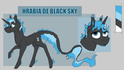 Size: 1920x1080 | Tagged: safe, artist:hrabiadeblacksky, oc, oc only, oc:hrabia de black sky, pony, unicorn, commission, cutie mark, leonine tail, looking at you, reference, reference sheet, smiling, solo, tail