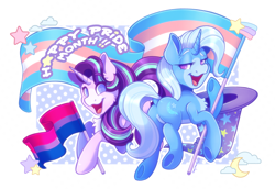 Size: 4715x3240 | Tagged: safe, artist:screwchaos, starlight glimmer, trixie, pony, unicorn, g4, abstract background, bisexual pride flag, butt, chest fluff, cute, diatrixes, dock, duo, duo female, featureless crotch, female, glimmerbetes, high res, lesbian, lidded eyes, mare, no pupils, open mouth, open smile, plot, pride, pride flag, pride month, ship:startrix, shipping, simple background, smiling, tail, trans trixie, transgender, transgender pride flag, two toned coat, white background