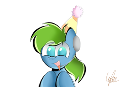 Size: 2732x1942 | Tagged: safe, artist:lydia, oc, oc only, oc:kurt, earth pony, pony, happy, happy birthday, hat, headset, laughing, looking at you, male, male oc, open mouth, party hat, simple background, smiling, smiling at you, solo, white background