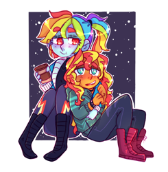 Size: 960x979 | Tagged: safe, artist:jackytheripperart, rainbow dash, sunset shimmer, human, equestria girls, g4, arm on shoulder, blushing, clothes, coffee, cuddling, female, jacket, lesbian, ponytail, shipping, smiling, snow, snowfall