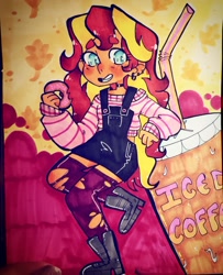 Size: 1280x1577 | Tagged: safe, artist:jackytheripperart, sunset shimmer, human, equestria girls, g4, clothes, coffee, donut, ear piercing, earring, food, jewelry, leggings, piercing, smiling, socks, solo, thigh highs, thigh socks, torn clothes