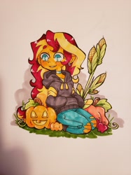 Size: 1280x1707 | Tagged: safe, artist:jackytheripperart, sunset shimmer, human, equestria girls, g4, clothes, corn, food, halloween, holiday, hoodie, jack-o-lantern, kneeling, pants, pumpkin, ripped pants, simple background, smiling, solo, torn clothes
