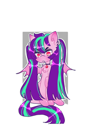 Size: 960x1280 | Tagged: safe, artist:jackytheripperart, aria blaze, bat pony, pony, g4, angry, ariabat, bat wings, chest fluff, disguise, disguised siren, ear fluff, equestria girls ponified, fangs, female, gem, jewelry, looking down, mare, necklace, passepartout, pigtails, ponified, pouting, red eyes, siren gem, sitting, solo, wings