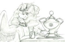 Size: 1500x978 | Tagged: safe, artist:baron engel, princess celestia, alicorn, pony, g4, female, mare, monochrome, pencil drawing, samovar, story included, traditional art