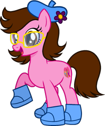 Size: 843x1002 | Tagged: safe, artist:loopydalamb, artist:muhammad yunus, oc, oc only, oc:tiffany fisher, earth pony, pony, series:the guardian of leadership, g4, base used, clothes, earth pony oc, female, flower, glasses, happy, hat, looking at you, mare, medibang paint, open mouth, open smile, shoes, simple background, smiling, smiling at you, solo, transparent background