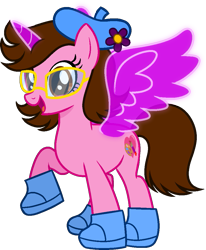 Size: 849x1029 | Tagged: safe, artist:loopydalamb, artist:muhammad yunus, oc, oc only, oc:tiffany fisher, alicorn, earth pony, pony, series:the guardian of leadership, g4, base used, clothes, earth pony oc, female, flower, glasses, happy, hat, looking at you, magic, mare, medibang paint, open mouth, open smile, shoes, simple background, smiling, smiling at you, solo, transparent background