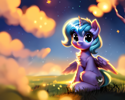 Size: 2560x2048 | Tagged: safe, ai assisted, ai content, artist:felisamafeles, derpibooru exclusive, editor:felisamafeles, generator:pony diffusion v5, generator:purplesmart.ai, generator:stable diffusion, princess luna, alicorn, pony, g4, chest fluff, cloud, depth of field, female, field, filly, flower, fluffy, foal, fur, high res, night, night sky, sitting, sky, smiling, soft color, solo, woona, younger