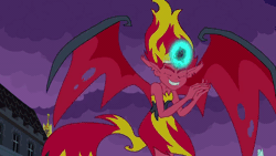 Size: 800x450 | Tagged: safe, screencap, sunset shimmer, demon, human, equestria girls, g4, my little pony equestria girls, animated, bare shoulders, big crown thingy, canterlot high, clothes, dark magic, demon wings, destroyed, destruction, dress, element of magic, female, gif, glowing, jewelry, magic, property damage, regalia, scared, sleeveless, strapless, strapless dress, student, sunset satan, wings