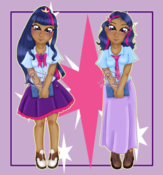 Size: 956x1024 | Tagged: safe, artist:ponyrasmeii, sci-twi, twilight sparkle, human, equestria girls 10th anniversary, equestria girls, g4, alternate hairstyle, book, bowtie, clothes, cute, cutie mark, cutie mark background, dark skin, desi, duo, female, humanized, indian, necktie, shirt, shoes, skirt, twiabetes