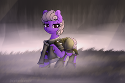 Size: 3072x2048 | Tagged: safe, artist:darbedarmoc, oc, oc:natrix capefiv, earth pony, pony, forest, high res, looking at you, morning, shield, smiling, solo, spikes