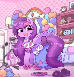 Size: 1959x2048 | Tagged: safe, alternate version, artist:leo19969525, oc, oc only, oc:emilia starsong, pegasus, pony, balloon, bow, clothes, commission, dress, female, gala dress, happy, headphones, heart, helium tank, high res, plushie, room, solo, tail, tail bow