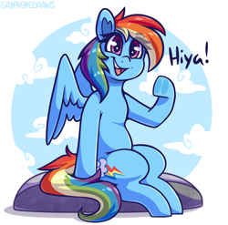 Size: 2050x2029 | Tagged: safe, artist:graphene, rainbow dash, pegasus, pony, g4, cloud, dialogue, eye clipping through hair, eyebrows, eyebrows visible through hair, female, happy, high res, mare, open mouth, open smile, rock, simple background, sitting, smiling, solo, spread wings, waving, wings