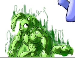 Size: 527x412 | Tagged: safe, artist:nekubi, pinkie pie, hybrid, anthro, g4, colored, cross-eyed, marvel, muscles, on fire, pinkie pump, simple background, sketch, the incredible hulk, white background