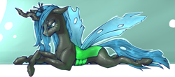 Size: 1276x560 | Tagged: safe, artist:madhotaru, queen chrysalis, changeling, changeling queen, g4, abstract background, colored, concave belly, crossed hooves, crown, eyebrows, eyelashes, female, floppy ears, jewelry, lidded eyes, looking down, lying down, makeup, mare, prone, regalia, slender, solo, spread wings, thin, wings