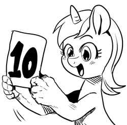 Size: 824x806 | Tagged: safe, artist:nekubi, lyra heartstrings, pony, unicorn, g4, bipedal, black and white, excited, grayscale, hand, holding, monochrome, open mouth, reaction image, score card, solo, suddenly hands, that pony sure does love hands