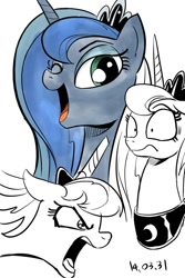 Size: 700x1050 | Tagged: safe, artist:nekubi, princess luna, alicorn, pony, g4, bust, female, i can't believe it's not idw, mare, one eye closed, open mouth, partial color, pinpoint eyes, portrait, solo, style emulation, wink
