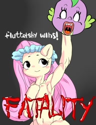 Size: 717x938 | Tagged: safe, artist:nekubi, fluttershy, spike, semi-anthro, g4, abuse, action pose, arm hooves, armpits, belly button, bonnet, fatality, female, flutterbitch, go to sleep garble, gradient background, mask, mortal kombat, muscles, muscleshy, muscular female, out of character, shitposting, spikeabuse