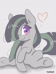 Size: 3072x4096 | Tagged: safe, artist:twiliset, marble pie, earth pony, pony, g4, blushing, cute, floating heart, gray background, hair over one eye, happy, heart, looking at you, marblebetes, simple background, smiling, smiling at you, solo, underhoof