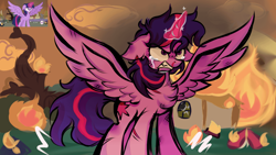 Size: 1150x648 | Tagged: safe, artist:tiaviva, twilight sparkle, alicorn, pony, g4, twilight's kingdom, blood, crying, fire, golden oaks library, messy mane, nosebleed, scene interpretation, screencap reference, solo, tears of anger, twilight sparkle (alicorn)