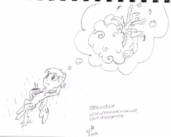 Size: 4416x3536 | Tagged: safe, artist:c_||_r, sunshower raindrops, pegasus, pony, g4, atg 2023, cloud, crashing, cup, daydream, flashback, food, frown, monochrome, newbie artist training grounds, relaxing, remembering, signature, sketch, solo, stuck in a cloud, tea, teacup, text, thinking, thought bubble