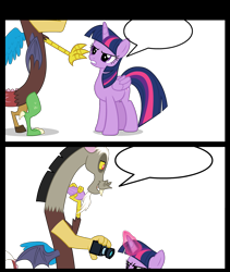 Size: 1288x1525 | Tagged: safe, artist:sasha-flyer, discord, twilight sparkle, alicorn, draconequus, pony, g4, camera, comic, female, male, mare, simple background, speech bubble, textless, transparent background, twilight sparkle (alicorn), vector, wings