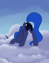 Size: 1620x2070 | Tagged: safe, artist:dusthiel, princess luna, alicorn, pony, g4, atg 2023, butt, cloud, dock, face down ass up, female, folded wings, horn, mare, moonbutt, newbie artist training grounds, on a cloud, outdoors, plot, solo, tail, wings