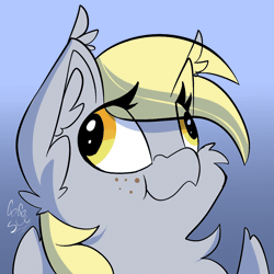 Size: 1000x1000 | Tagged: safe, artist:starcasteclipse, derpy hooves, pegasus, pony, g4, animated, blinking, bust, chest fluff, chewing, cute, derp, derpabetes, ear fluff, eating, eye clipping through hair, female, gif, gradient background, mare, nom, signature, solo