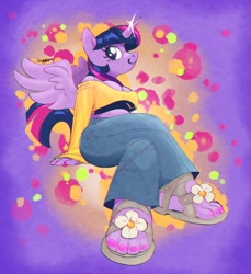 Size: 990x1080 | Tagged: safe, artist:scottyartz, twilight sparkle, alicorn, anthro, plantigrade anthro, g4, breasts, busty twilight sparkle, cleavage, clothes, denim, feet, female, flower, jeans, midriff, nail polish, pants, sandals, sitting, solo, sparkles, spread wings, toenail polish, toes, twilight sparkle (alicorn), wings