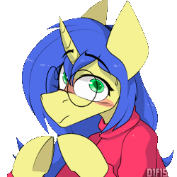 Size: 2560x2560 | Tagged: safe, alternate character, alternate version, artist:difis, oc, oc:logical leap, pony, unicorn, animated, auction, auction open, big eyes, blushing, clothes, commission, cute, female, fingers together, gif, glasses, halfbody, high res, horn, shy, simple background, sweat, sweater, transparent background, unicorn oc, watermark, ych animation, your character here