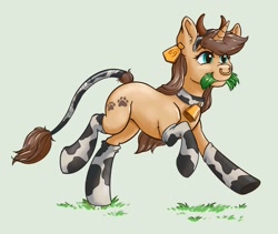 Size: 1900x1600 | Tagged: safe, artist:alexispaint, oc, oc:plomotte paw, pony, unicorn, clothes, cow suit, cowprint, female, mare, socks, solo