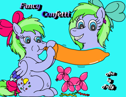 Size: 2475x1925 | Tagged: safe, artist:puffydearlysmith, oc, oc:fancy confetti, pegasus, pony, g5, balloon, balloon animal, belly button, blowing up balloons, bow, chubby, ear piercing, earring, female, hair bow, happy, inflating, jewelry, light blue background, mare, pegasus oc, piercing, simple background, smiling, tail, tail bow