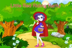 Size: 2048x1365 | Tagged: safe, artist:user15432, rarity, human, equestria girls, g4, barely eqg related, basket, big bad wolf, blue sky, bracelet, bush, clothes, cloud, crossover, fairy tale, flower, forest, hand on hip, high heels, jewelry, little red riding hood, looking at you, open mouth, path, pathway, pink shoes, purple dress, red hood, rock, shoes, sky, smiling, star fox, sun, tree, wolf o'donnell