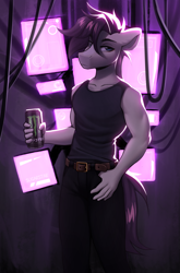 Size: 1981x3000 | Tagged: safe, artist:sugarstar, oc, earth pony, anthro, clothes, drink, energy drink, holding, solo