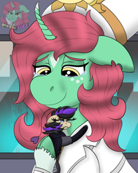 Size: 840x1050 | Tagged: safe, artist:gray star, oc, oc only, oc:minty shine (graystar), oc:shotglass, breezie, classical unicorn, pony, unicorn, fallout equestria, cloven hooves, crying, cultist, curved horn, ear piercing, fallout equestria:all things unequal (pathfinder), female, freckles, horn, hug, inquisitor, jewelry, laser pistol, leonine tail, piercing, sun's of celestia, tail, teary eyes, unshorn fetlocks