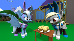 Size: 1920x1080 | Tagged: safe, artist:ask-the-luna-knight, derpy hooves, trixie, bat pony, bat pony unicorn, hybrid, pony, unicorn, g4, 3d, bat ponified, bunny ears, duo, food, horn, muffin, race swap, source filmmaker