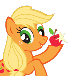 Size: 2913x3050 | Tagged: safe, applejack, earth pony, pony, g4, official, .svg available, apple, female, food, hatless, high res, hoof hold, mare, missing accessory, simple background, smiling, solo, stars, stock vector, svg, transparent background, vector