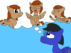 Size: 2000x1500 | Tagged: safe, artist:blazewing, oc, oc only, oc:blazewing, oc:pecan sandy, pegasus, pony, atg 2023, belly, bipedal, chubby, cookie, daydream, drawpile, eating, eyes closed, female, food, glasses, hoof on belly, jewelry, laughing, male, mare, necklace, newbie artist training grounds, on hind legs, pearl necklace, puffy cheeks, smiling, spread wings, stallion, thought bubble, wings