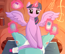 Size: 8000x6600 | Tagged: safe, artist:crinklyslinky, twilight sparkle, oc, oc:aqua regia, alicorn, pony, g4, baby powder, bed, both cutie marks, diaper, diaper change, diaper fetish, female, fetish, golden oaks library, lying down, magic, non-baby in diaper, offscreen character, on back, on bed, pov, spread legs, spread wings, spreading, telekinesis, twilight sparkle (alicorn), urine, used diaper, wet diaper, wings