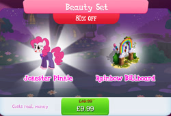 Size: 1267x861 | Tagged: safe, gameloft, idw, pinkie pie, earth pony, pony, g4, my little pony: magic princess, balloon, bundle, bush, clothes, costs real money, english, face paint, female, idw showified, mare, mobile game, numbers, pinkie joker, sale, solo, text