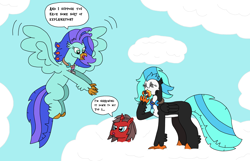 Size: 3176x2047 | Tagged: safe, artist:supahdonarudo, oc, oc only, oc:icebeak, oc:ironyoshi, oc:sea lilly, classical hippogriff, hippogriff, pony, unicorn, atg 2023, camera, cloud, dialogue, flying, giggling, high res, jewelry, necklace, newbie artist training grounds, on a cloud, sky, speech bubble, standing on a cloud, stuck in a cloud, text, trio
