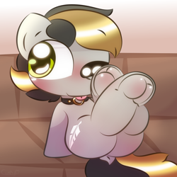 Size: 2000x2000 | Tagged: safe, artist:cushyhoof, oc, oc only, oc:lightpeace, earth pony, pony, :p, blushing, butt, collar, commission, couch, crossed legs, cute, dock, earth pony oc, fetish, frog (hoof), full body, gold, gradient background, high res, hoof blush, hoof fetish, hoofbutt, hooves, male, male oc, one eye closed, plot, sitting, solo, stallion, tail, tongue out, underhoof, wink