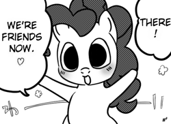 Size: 529x386 | Tagged: safe, artist:n', pinkie pie, earth pony, pony, g4, blushing, cute, dialogue, diapinkes, drawthread, female, grayscale, heart, looking at you, manga, manga style, mare, monochrome, open mouth, open smile, ponified, reaction image, simple background, smiling, smiling at you, solo, speech bubble, talking, talking to viewer, white background